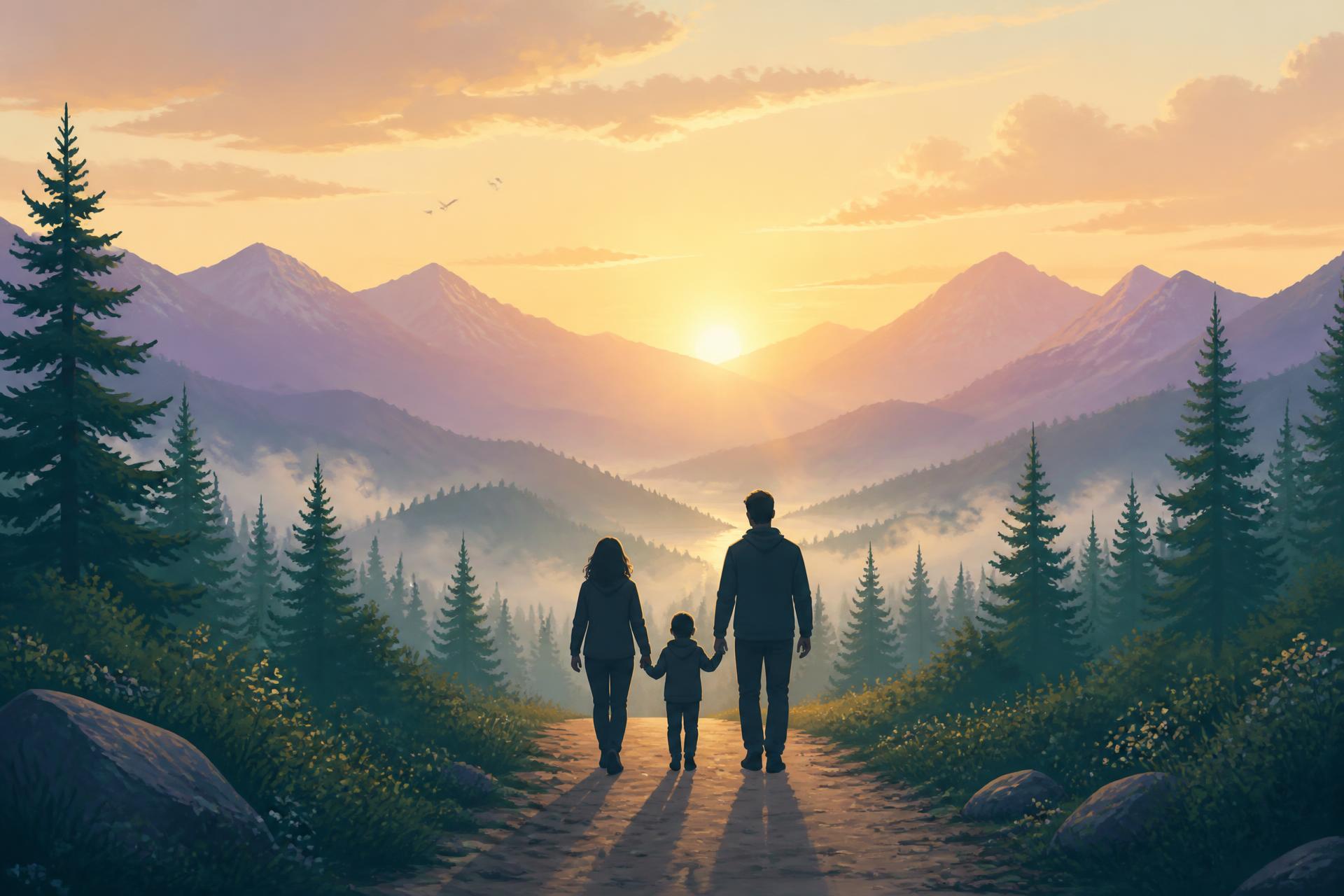 A family walking together on a path at sunrise